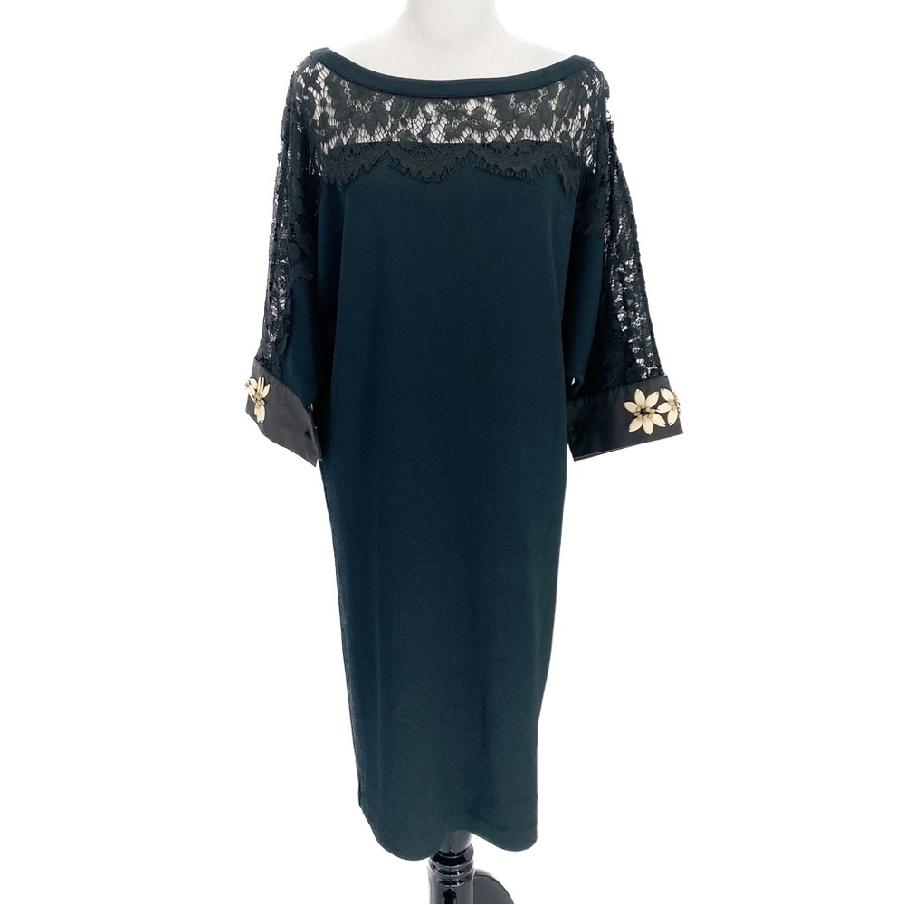 Twinset Milano Lace Button Back Shift Dress with Embellished Sleeves Black